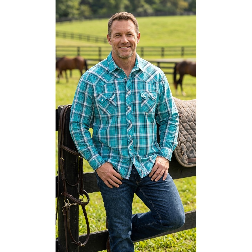 Men's Wrangler Western Shirt XXL Plaid Teal LS VTG Pearl Snap